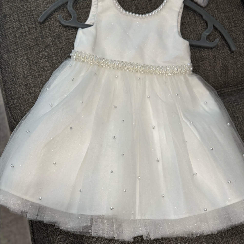 WHITE PEARL BACK BOW SPARKLY TULLE DRESS NWT FLOWER GIRL